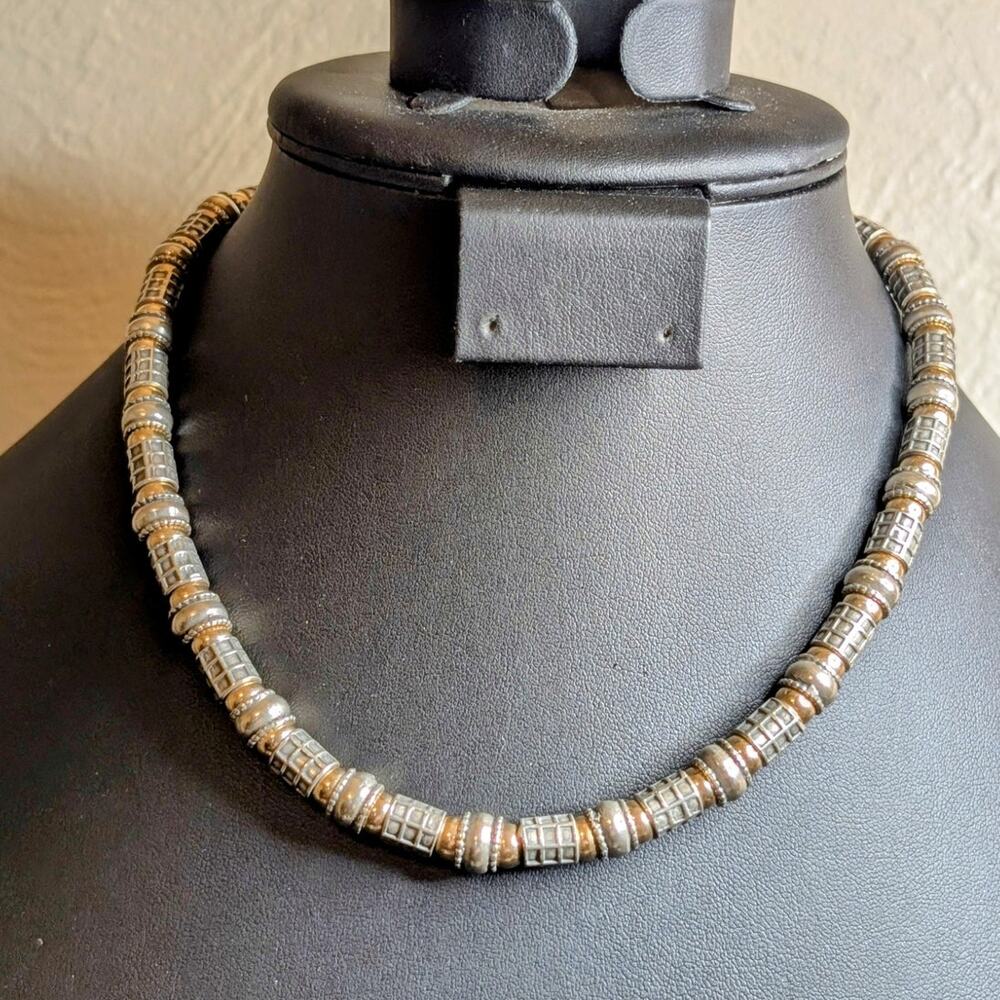 VTG 16.5" Two Tone 925 Sterling Silver Ball & Checkered & Rondelle Bead Necklace